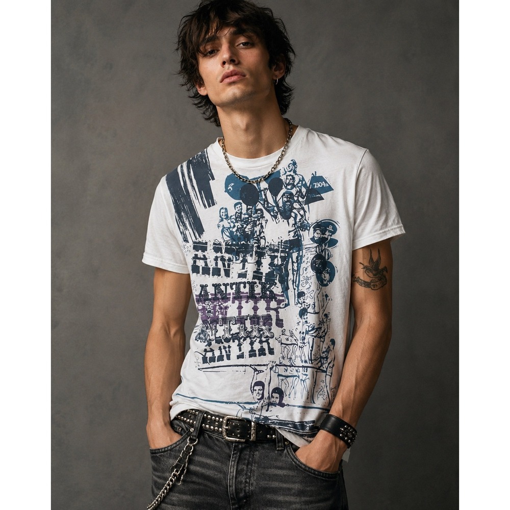 Antik Denim Mens Graphic T-Shirt Bright White Studded Distressed 3XL